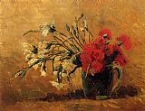Yellow Canvas Paintings - Vase with Red and White Carnations on a Yellow Background